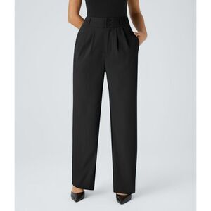 Halara Flex High Waisted Zipper Pocket Shirred Straight Leg Work Pants Black XST